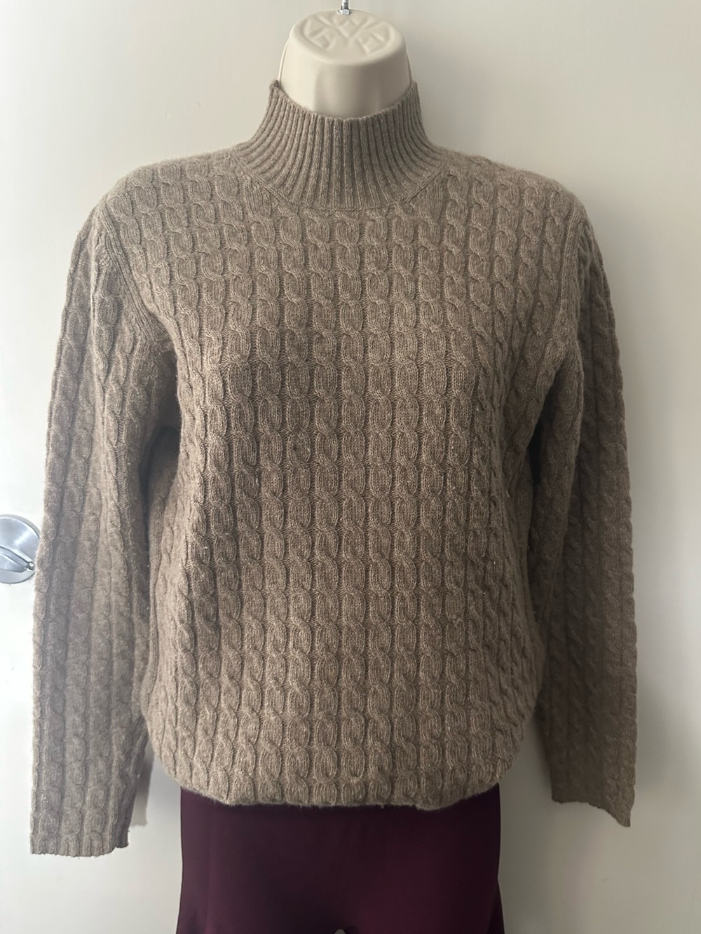 Ralph Lauren Taupe Cable-Knit Mock Neck Sweater